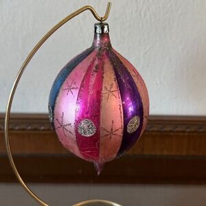 Vintage Poland Jumbo 6" Teardrop Christmas Ornament Mica Pink Blue Purple